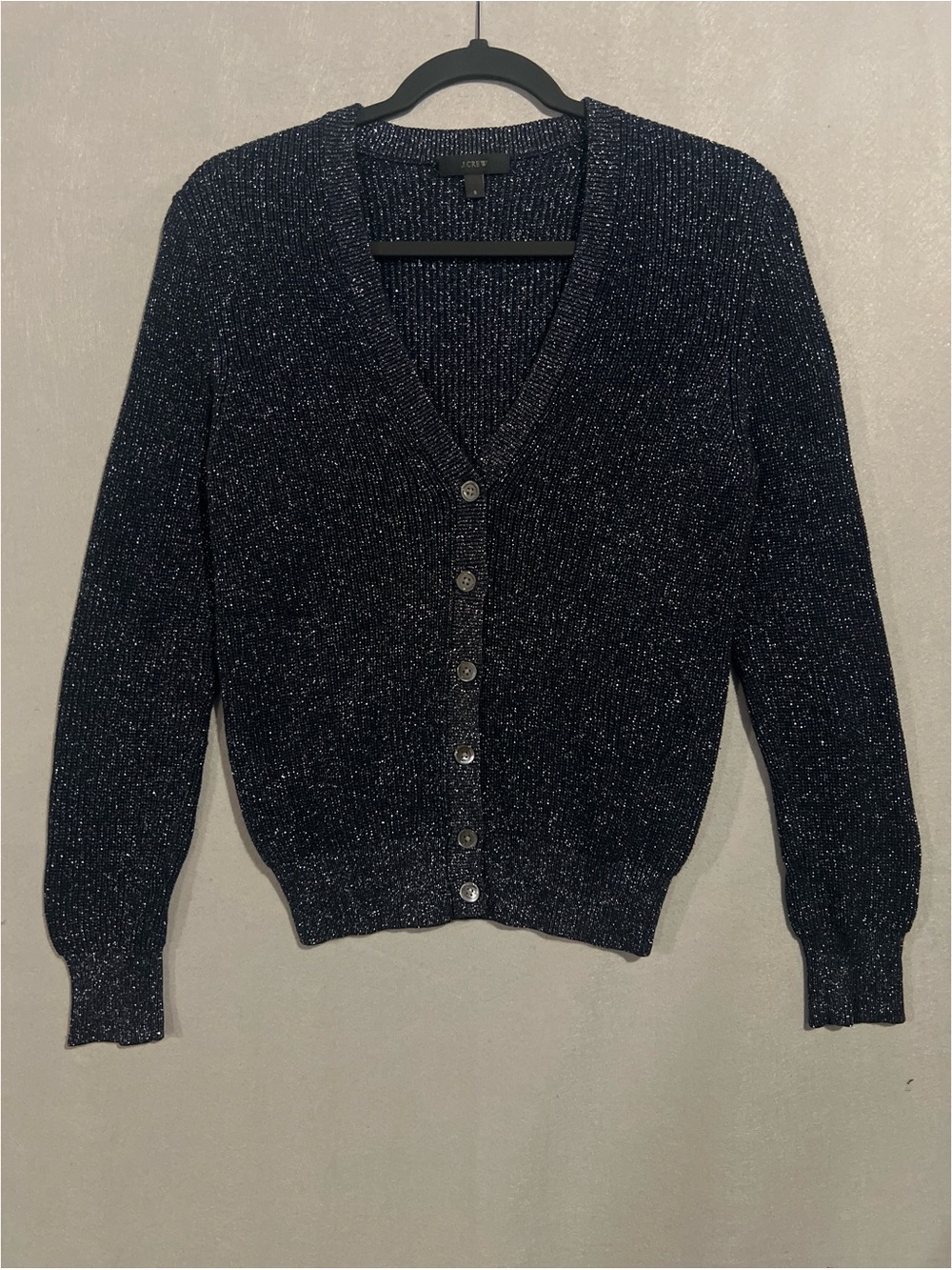 J.Crew Sparkly Metallic Ribbed Cardigan Women’s Small Navy Blue Silver C3877 - Picture 2 of 11